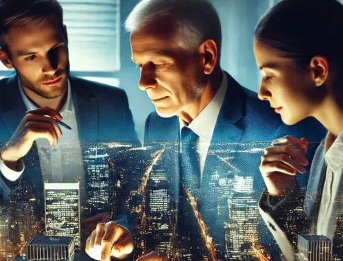 Tre persone che discutono di un progetto su un panorama di una città di notte.
